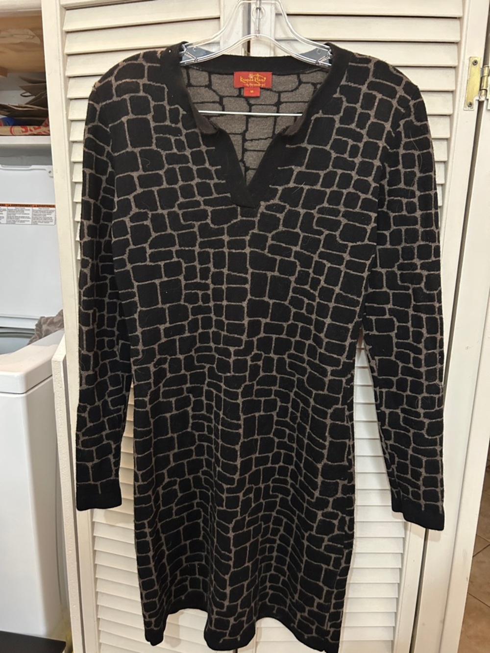 Krimson klover 100% merino wool Black & Taupe Geo-Pattern V-Neck Sweater Dress